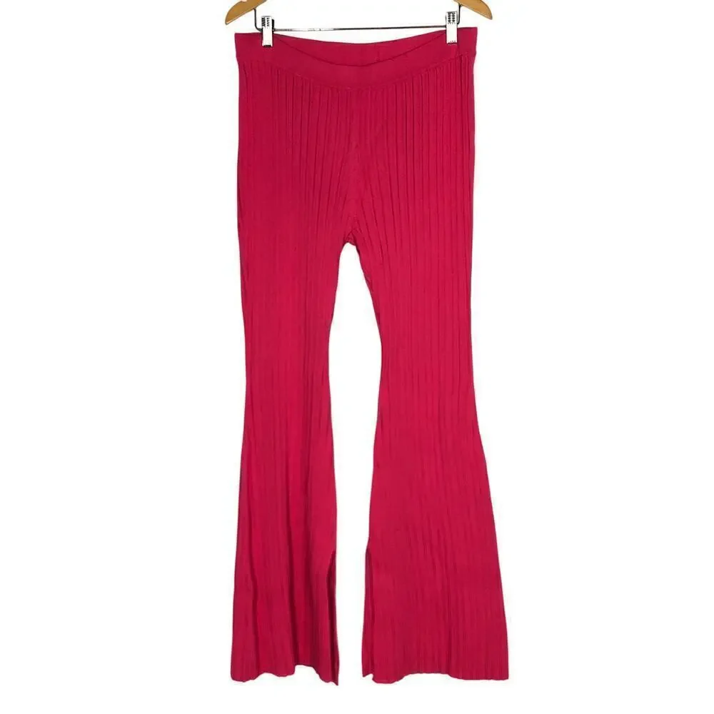 Adam Lippes Collective Pants Ribbed Knit High Waisted Pull On Bootcut Pink XL